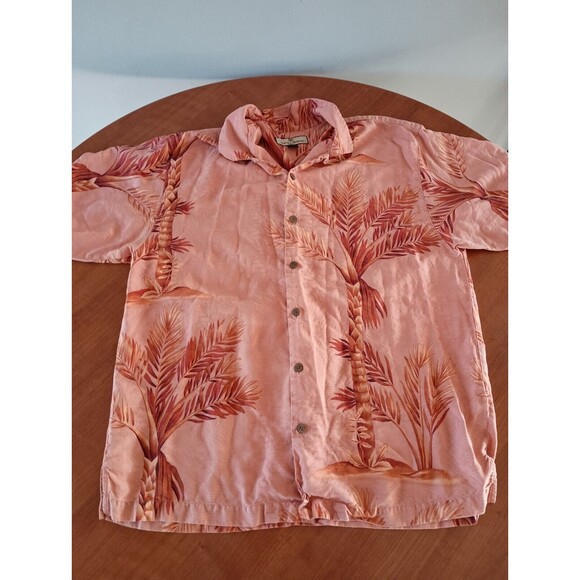 TOMMY BAHAMA Size Large 100% Silk Pink Large Palms Mens Hawaiian Camp Shirt - Picture 1 of 8
